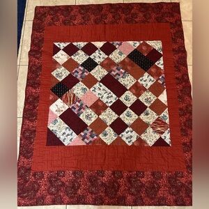 Handmade Quilt Throw Fall /Winter Pattern & Colors With Velour Backing  58x 54”